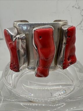 Rebecca Collins Red Coral Silver Cuff Bracelet - Bold Red Statement
